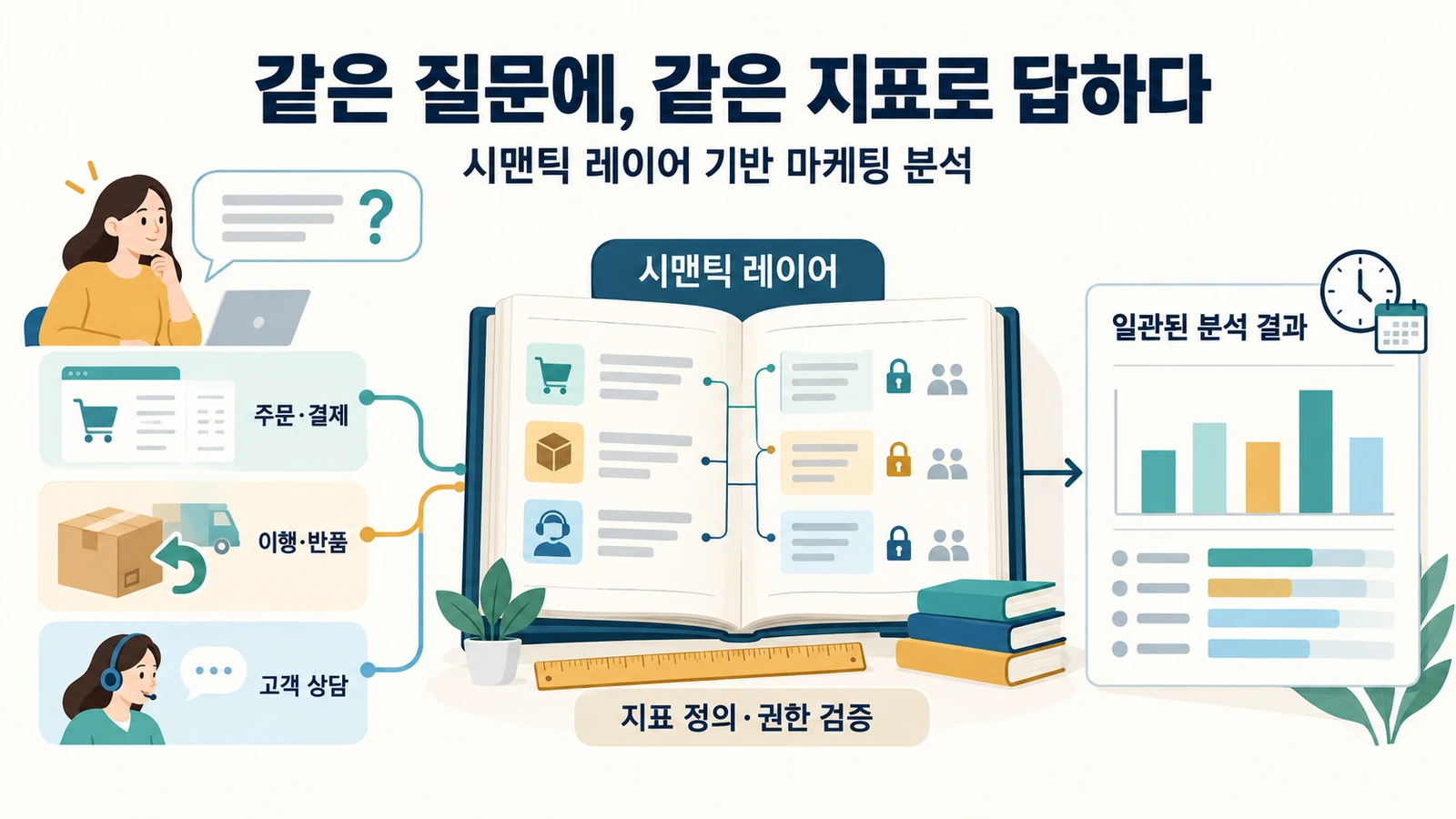 시맨틱 레이어를 통한 마케팅 지표 질의의 주요 내용을 설명하는 이미지